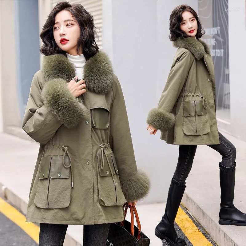 Damesgeul Lagen Dikke warme katoenen vrouwen Lange winterjassen Parkas Big Fur Collar Oversized los plus Velvet Parka Casual Coat 2xl