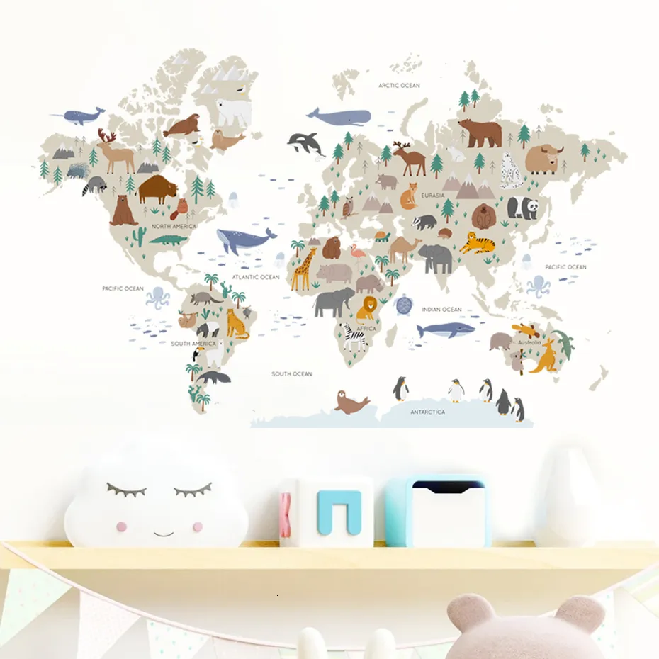 Wall Stickers Cartoon Large World Map Animals Wildlife Watercolor Vinyl Decals Print Kids Room Playroom Interior Home Decor 230225