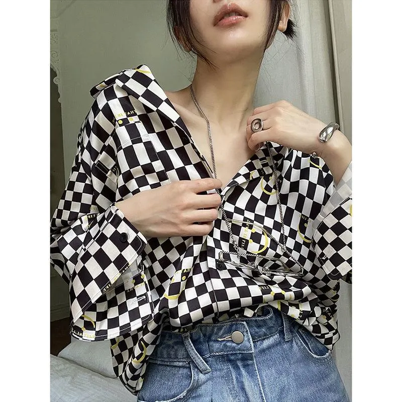 Blusas de mujer Camisas Harajuku Camisa a cuadros Ropa de oficina Señoras de gran tamaño Elegante estilo coreano Top de manga larga Casual Chic Clot