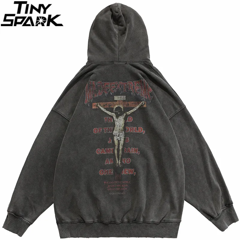 Herrtröjor tröjor hiphop män tröja hoodie streetwear jesus brev tryck tvättad pullover höst harajuku bomull huvtröja svart 230225