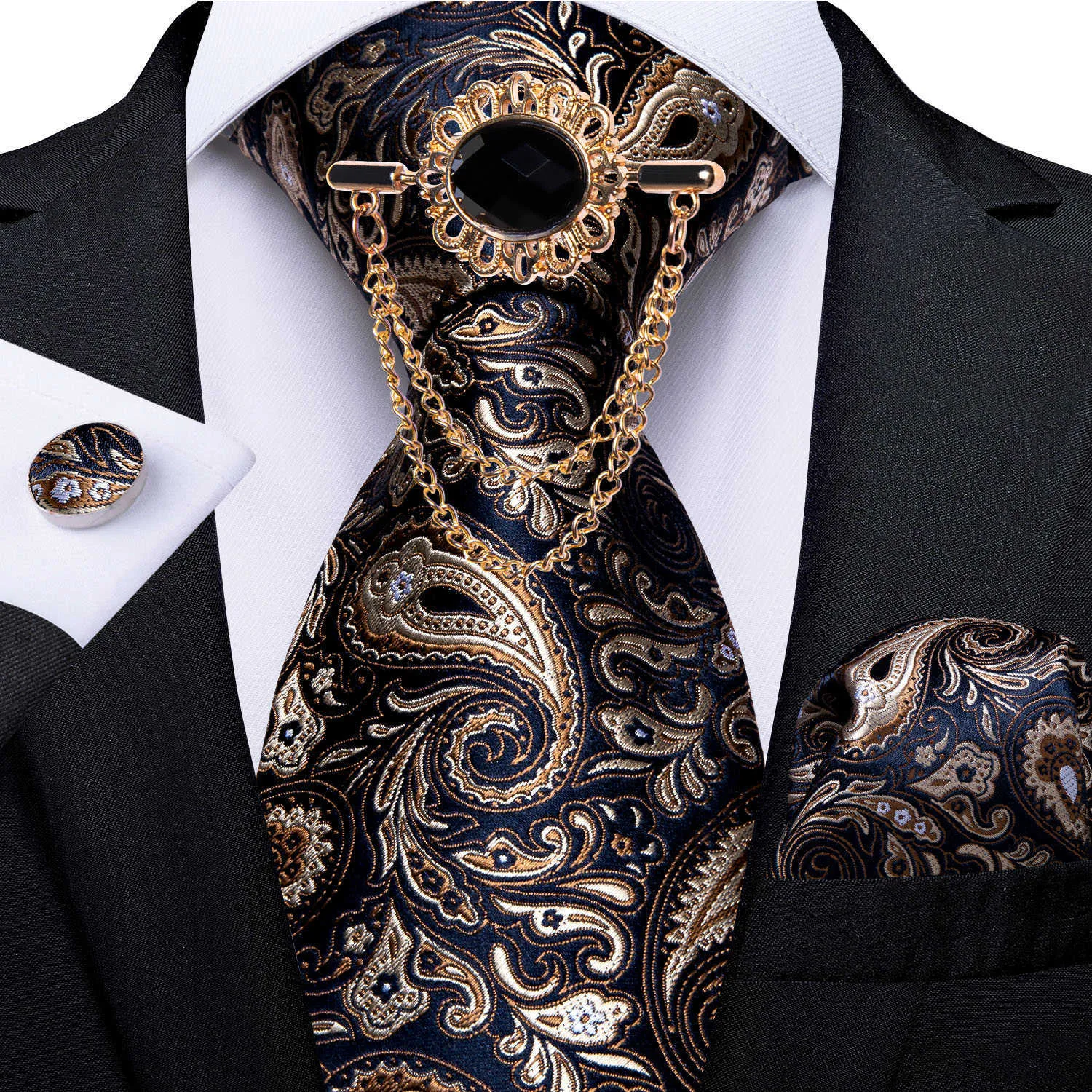 Cravatte 2022 Nuovo Design Moda Uomo Cravatta Spilla Set Lusso Paisley Cravatta di seta Fazzoletto Gemelli Set Festa di nozze Cravatta DiBanGu