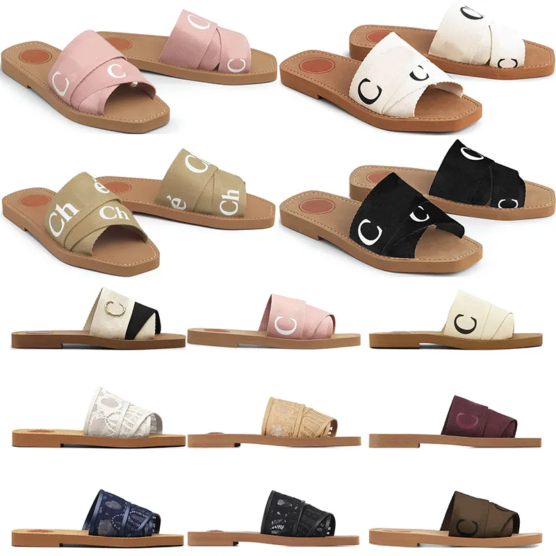 2023 Hausschuhe Designer Damen Woody Mules Flache Sandalen Slides Sliders Canvas Weiß Schwarz Rosa Damenmode Outdoor Strand Sandale Slipper Slide Schuhe