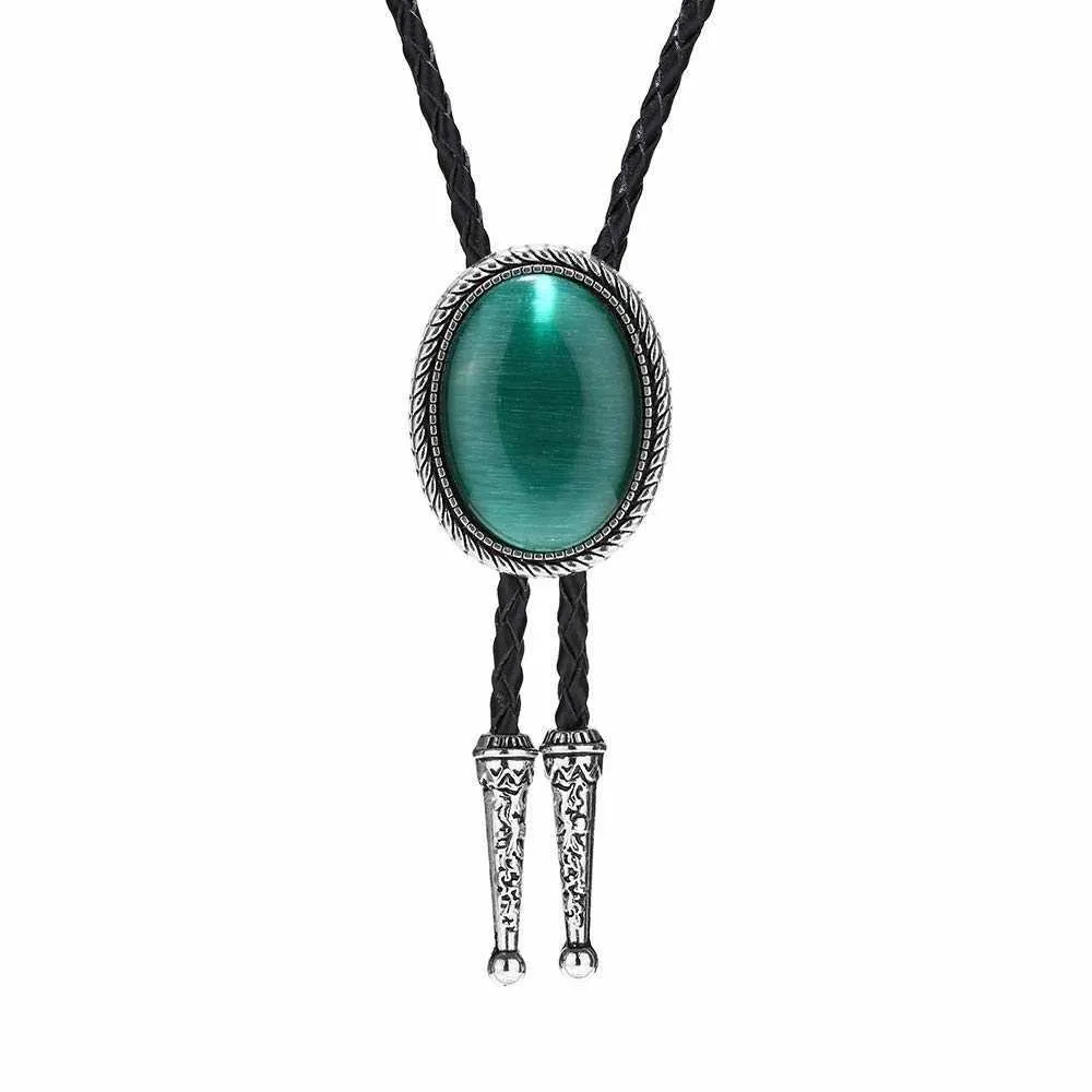 Neckband Naturel Stone Green Cat Eye Bolo slips för man indisk cowboy västra cowgirl läder rep zinklegering slips