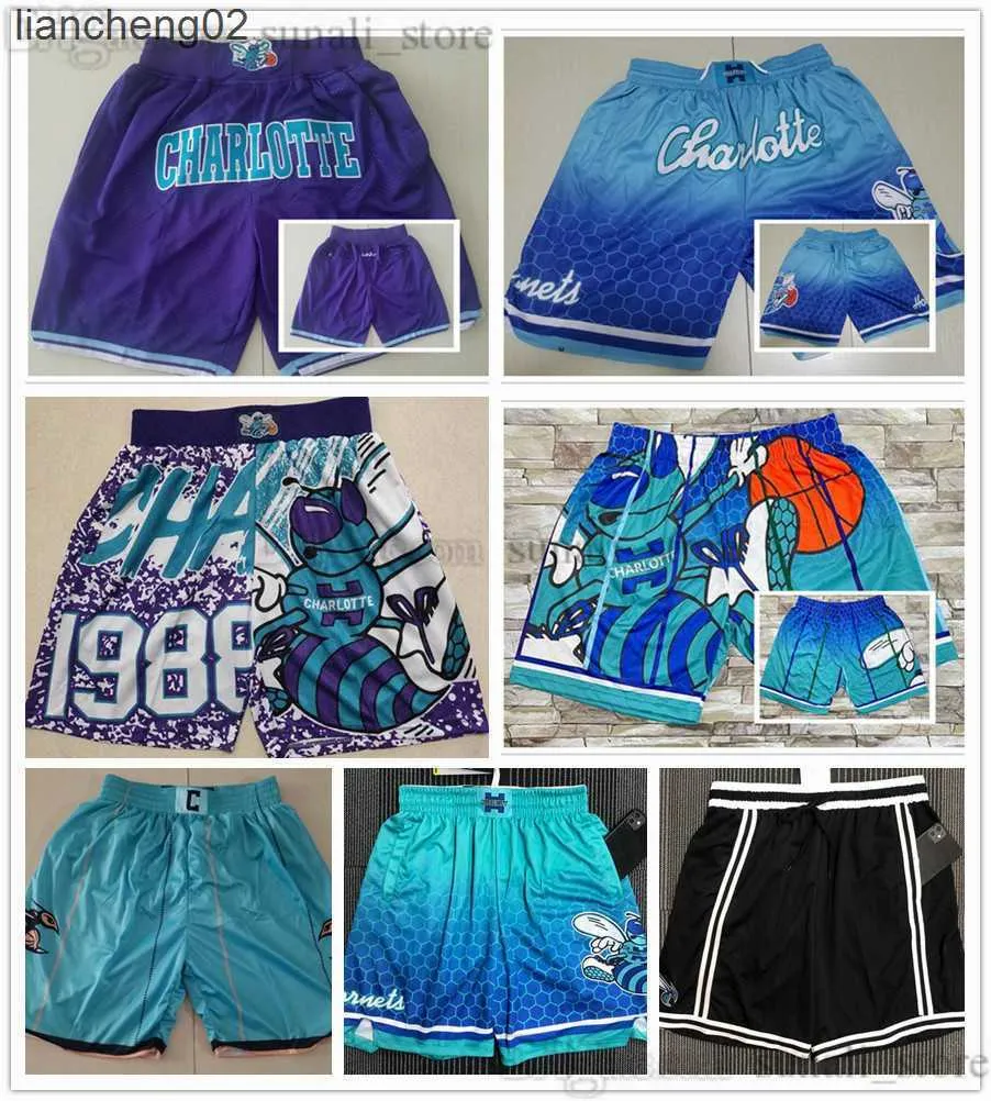 Shorts masculins 2022 Charlotte'''hornets'''Men Retro Basketball Shorts avec poches Pantalons de jeu de survêtement à fermeture éclair Larry Johnson Alonzo Mourning Lamelo Ball W0225