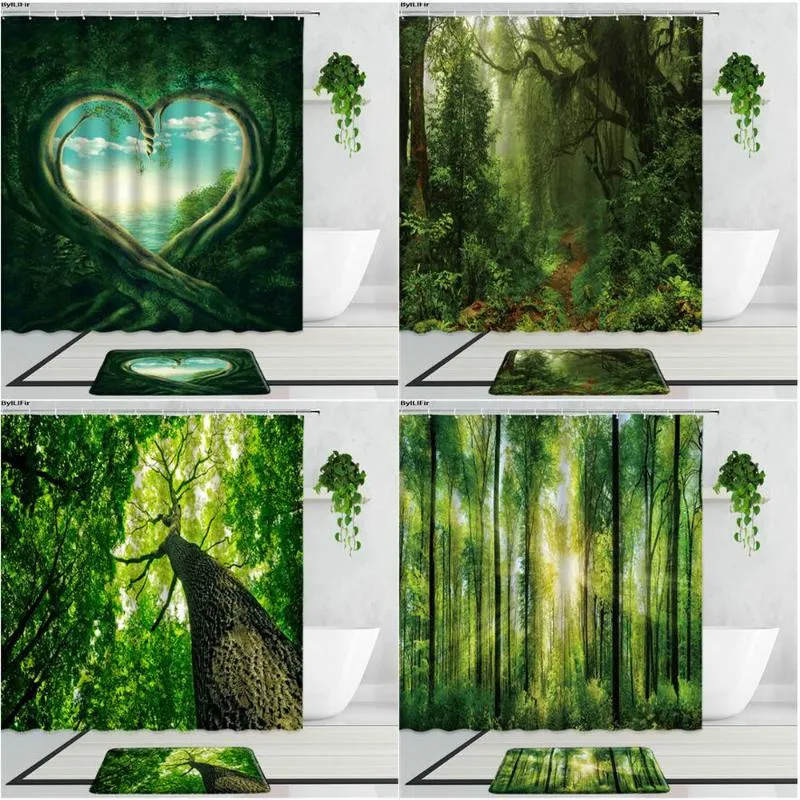 Tende da doccia Verde Foresta Scenario Estate Giungla Pianta Foglia Sole Set di tende da bagno stampate in 3D Tappetini da bagno antiscivolo Tappeto