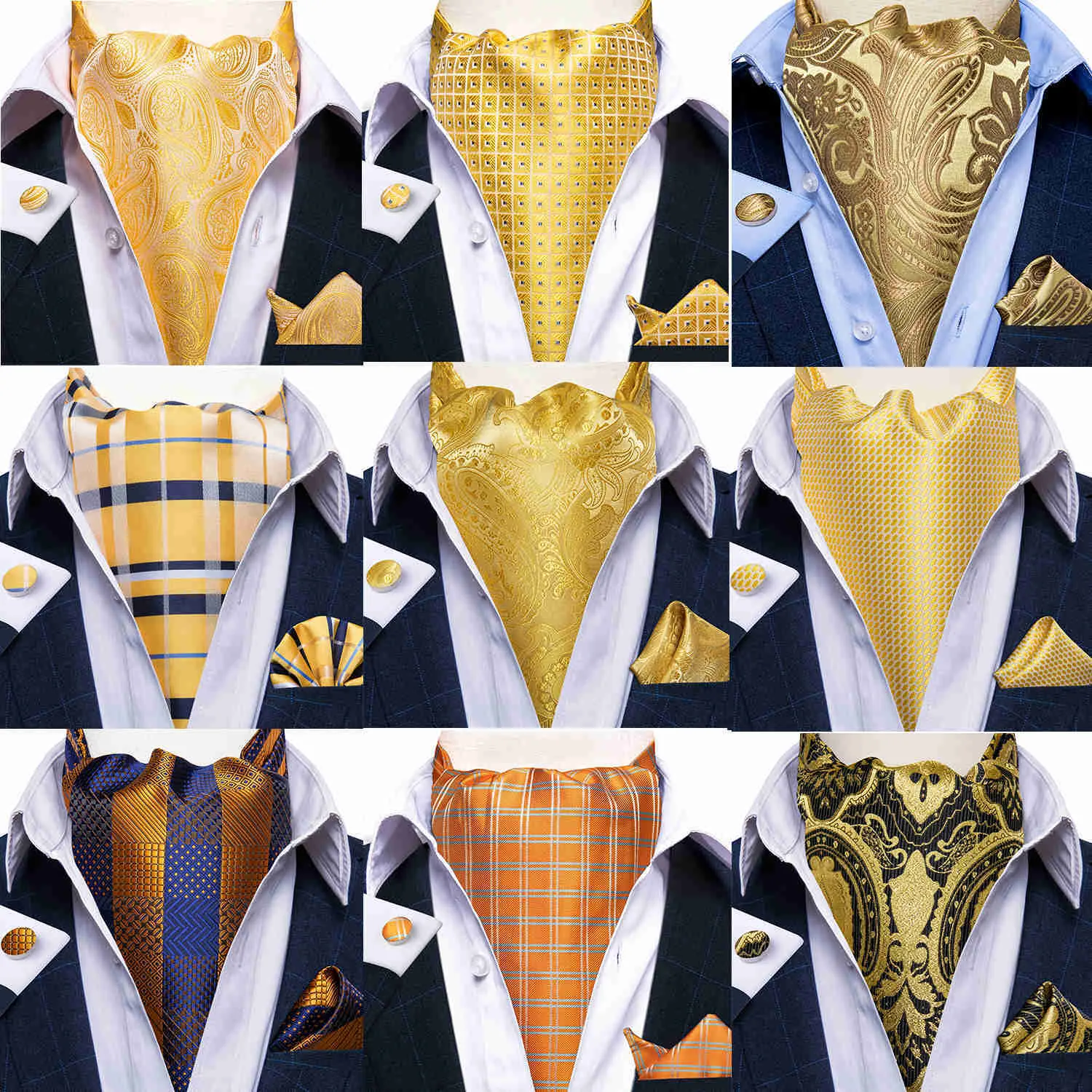 Krawaty DiBanGu żakardowy krawat 3 szt. Zestaw żółty Paisley tkany Ascot Tie spinki do mankietów kieszonkowy plac moda męska szaliki na co dzień akcesoria J230225
