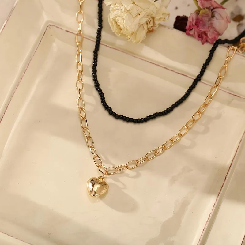 Pendant Necklaces Unique Black Beads Gold Silver Color Heart Stacking Double Layered Chain For Women Collars Collier Jewelry