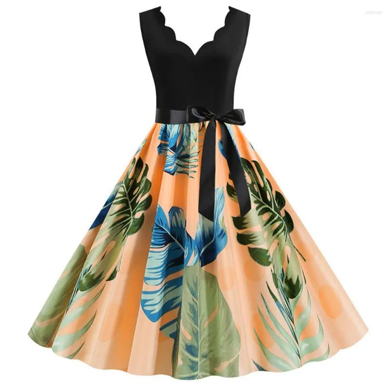 Casual Dresses Women Vintage Sleeveless Printed 1950s Housewife Evening Party Prom Dress