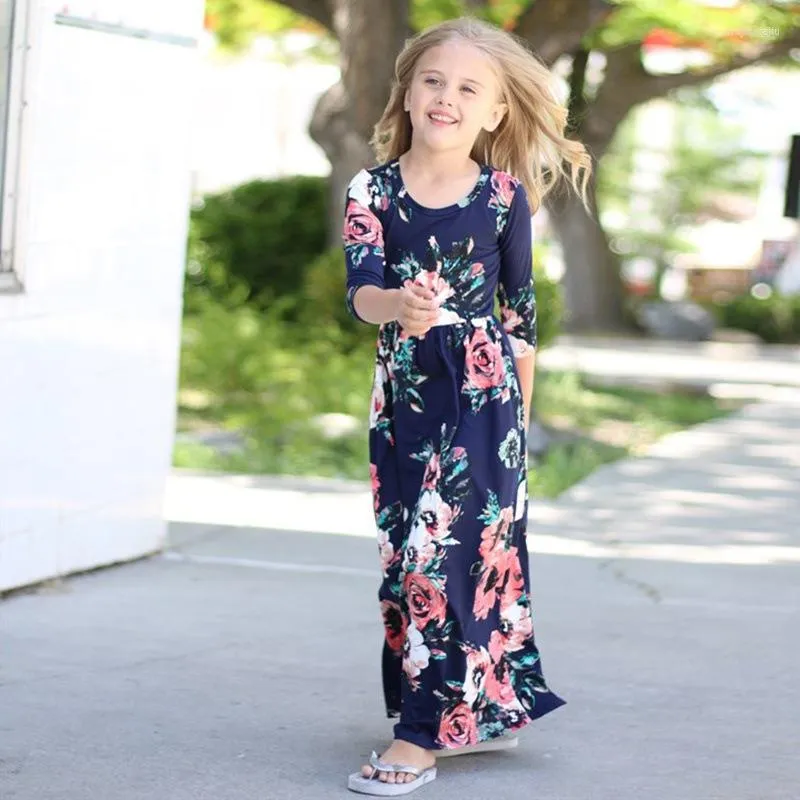 Girl Dresses Kids Teens Clothes For Baby Girls Long Sleeve Party Dress Floral Print Navy Blue Pink Black Green Children Beach