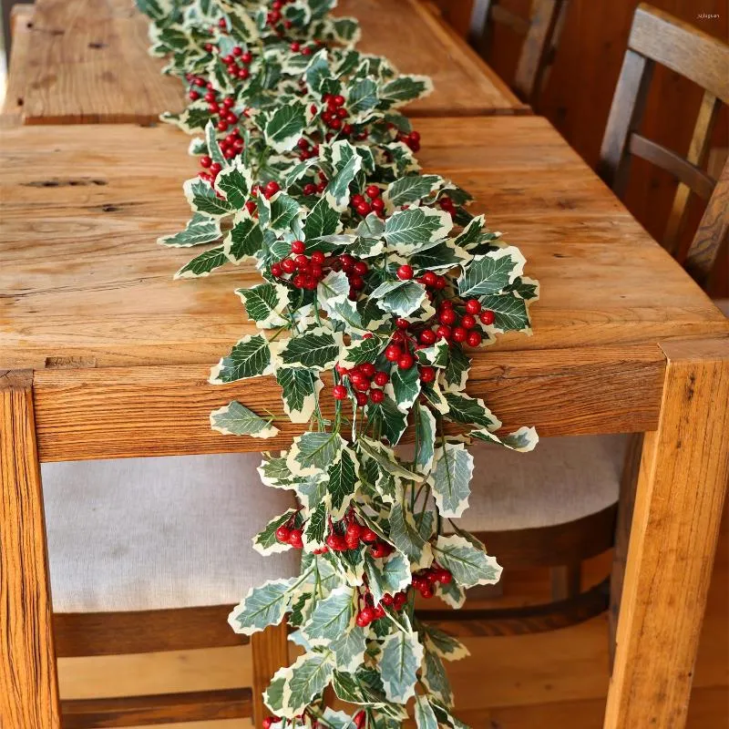 Decorative Flowers 2.3M Christmas Garland Artificial Red Berry Plants Holly Leaf Vine Decoration Table Berries Flower Wreath Rattan For Home