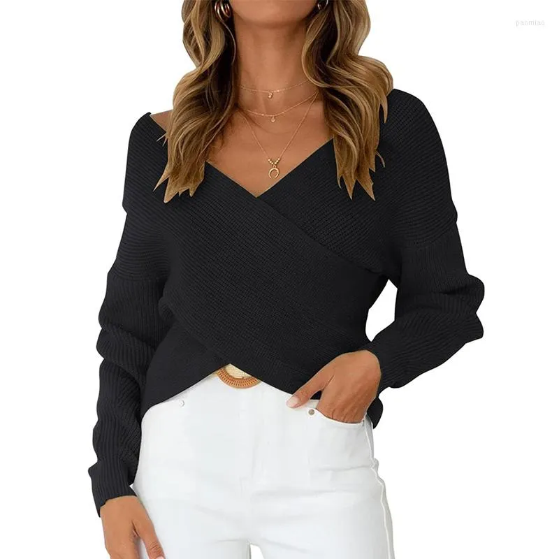 Women's T Shirts Women's Long Sleeve Low Cut Sexy Knitted Wrap V Neck Cross Front Sweater Solid Color Casual Loose Pullover Jumpers