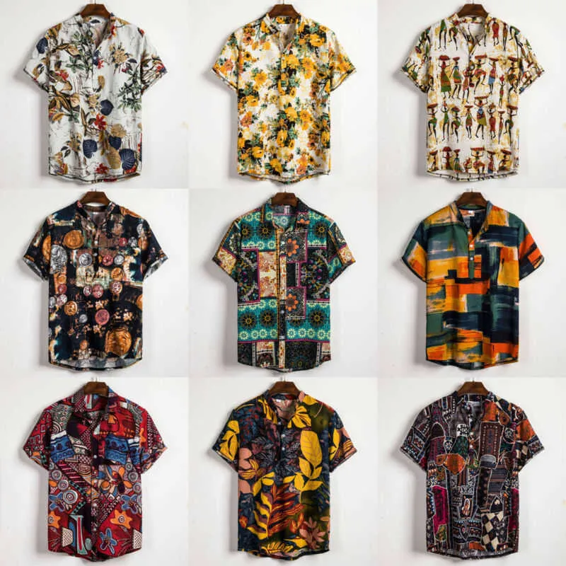 Chemises décontractées pour hommes Chemise à manches courtes en lin Hommes Été Floral Lâche Baggy Casual Hawaii Holiday Beach Shirt Tee Tops Boutons Blouse Style National Z0224