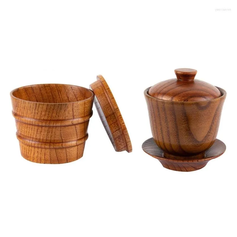 Tasses soucoupes tasse en bois créatif bois isolation de l'eau thé matériel café ensembles à boire avec couvercle