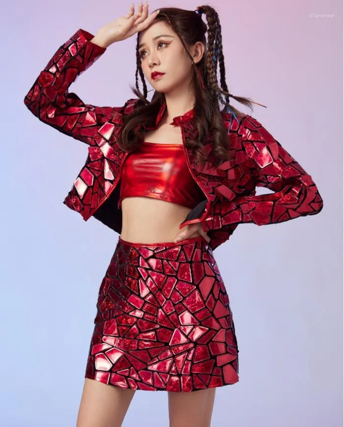 Stage Wear Fashion Shining Red Sequins Dance Outfit Women Birthday Party Celebrate Jacket Skirt Costume Nightclub Sets