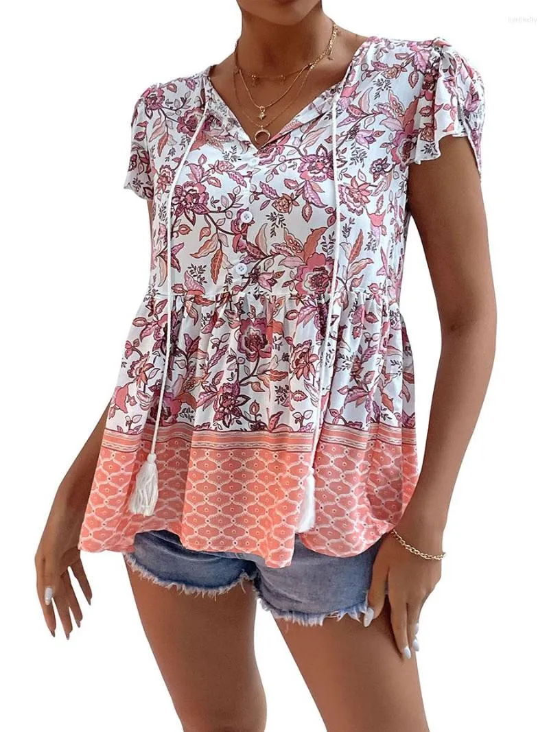 Camisas femininas Mulheres Summer Boho Manga curta Tops Floral V Neck Blouse de tração de punho solto