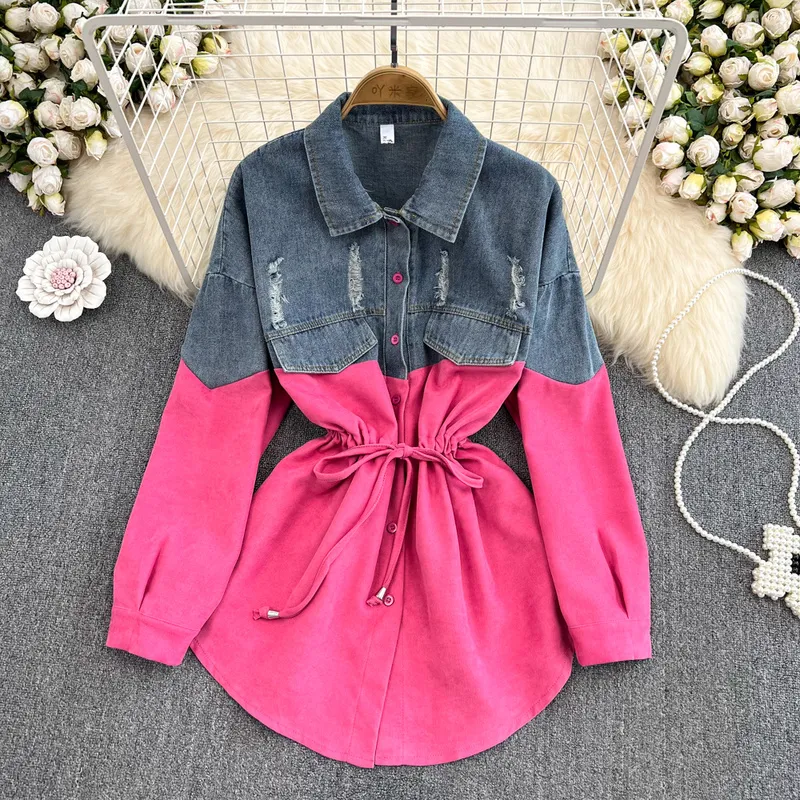 Drehen Unten Kragen Kontrast Farbe Denim Patchwork Bluse einreiher Kordelzug Blusa Koreanische 2023 Lose Beiläufige Hemd 2023