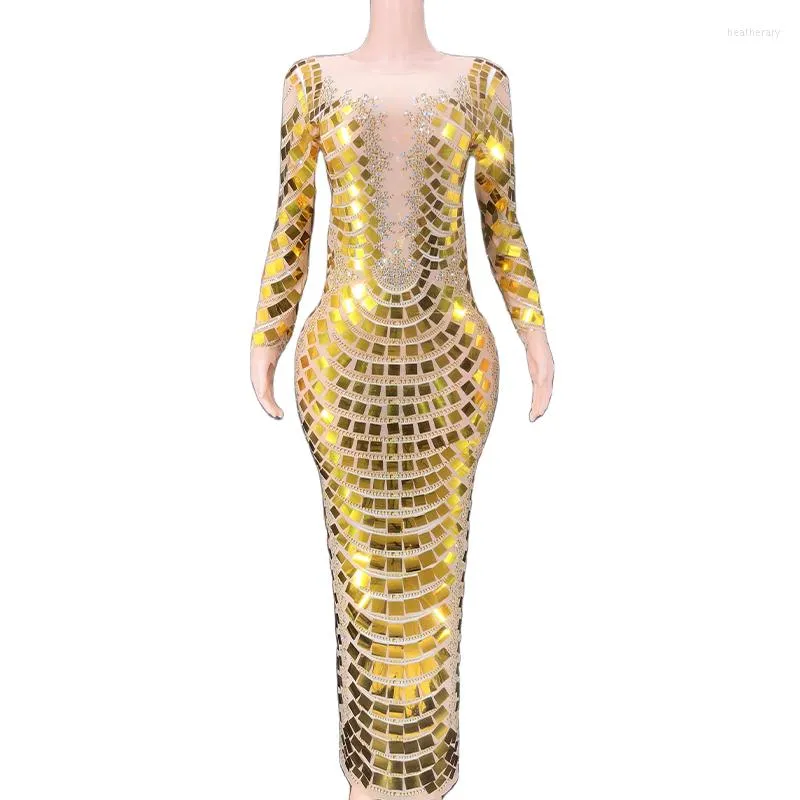 Stage Wear Women Sexy Shining Rhinestones Sequins Long Dress Party Prom Birthday Wedding Gown Performance Costume