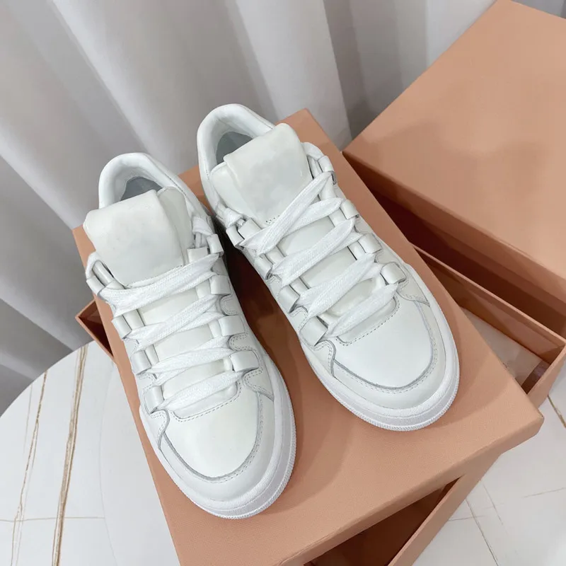 Womens New Fashion White Tennis Sneaker Shoes Low Top Casual Running Footwear Flat Thick Sole Lace Up Genuine Leather Round Toe