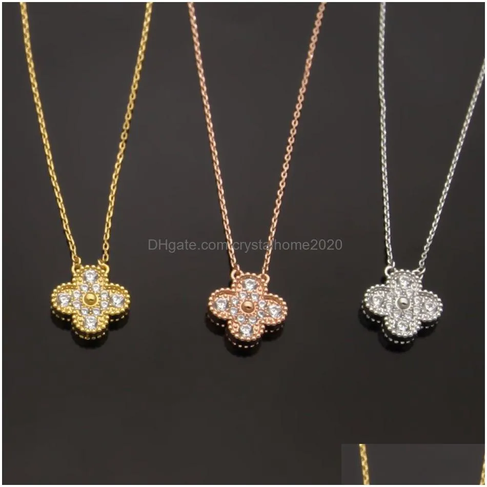 womens luxury designer buckle full diamond necklace fashion single flower fourleaf clover cleef pendant necklaces 18k gold necklaces
