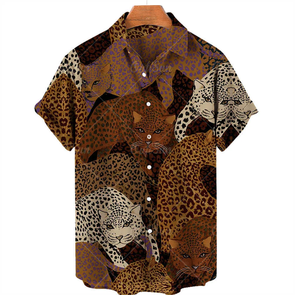 Mäns casual skjortor män leopard tryck skjorta hawaiian kort ärm mode casual snabba torra kläder 3d djur skjortor semester färgglada topp z0224