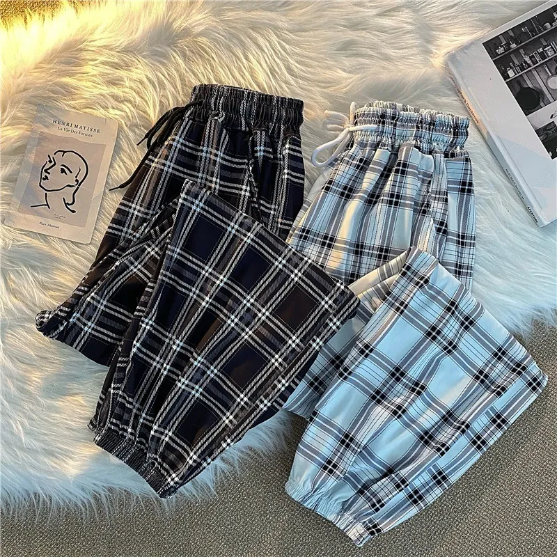 Women's Pants Capris pantalon femmes bouquet de pieds mode ample noir Plaid été Harajuku étudiants Streetwear Harem pantalons longs femmes Chic 230225