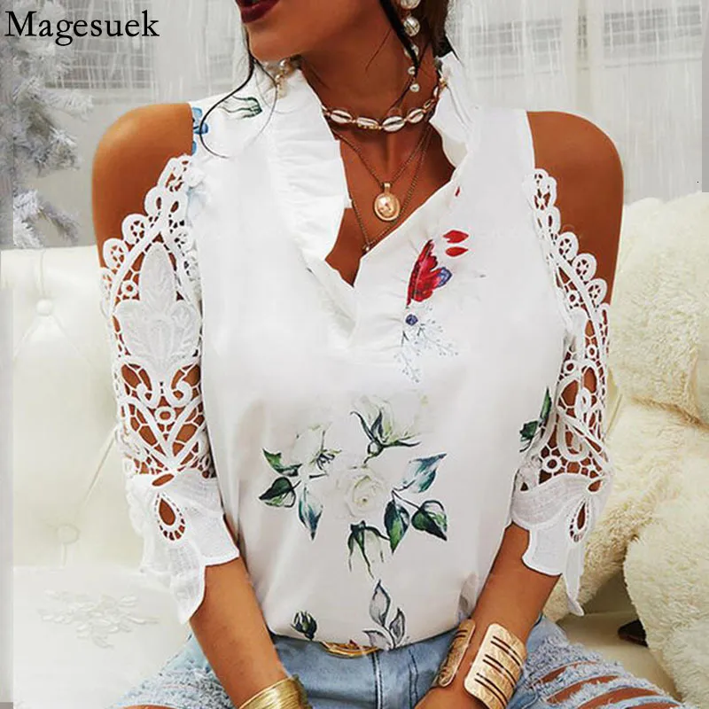 Women's Blouses Shirts Sexy Hollow Out Printed Women Blouses V-Neck Elegant Short Sleeve Lace Shirts Summer Female Strapless Blouse Casual Tops 19361 230225