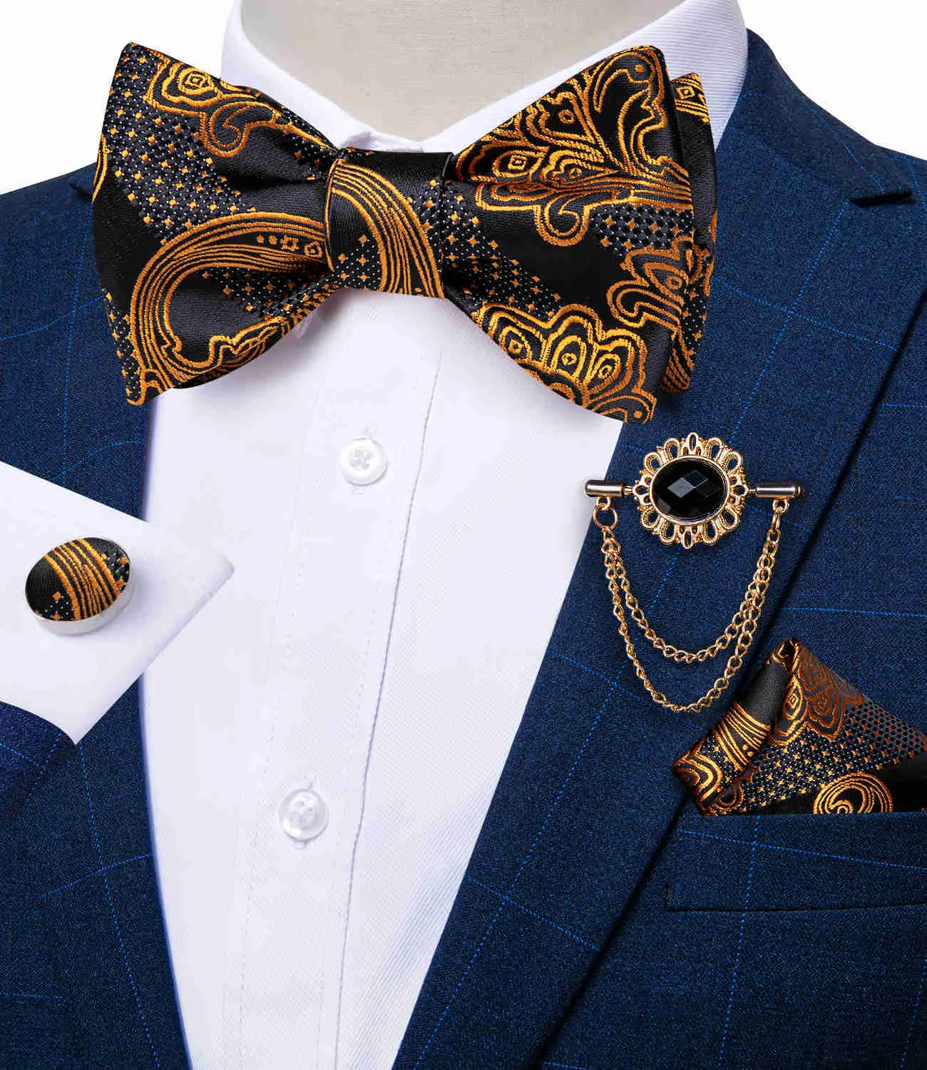 Nacke slipsar båge slipsar själv slips män mode guld paisley bröllop fest bowtie 100silk män fjäril hanky brosch pin manschettknappar set dibangu