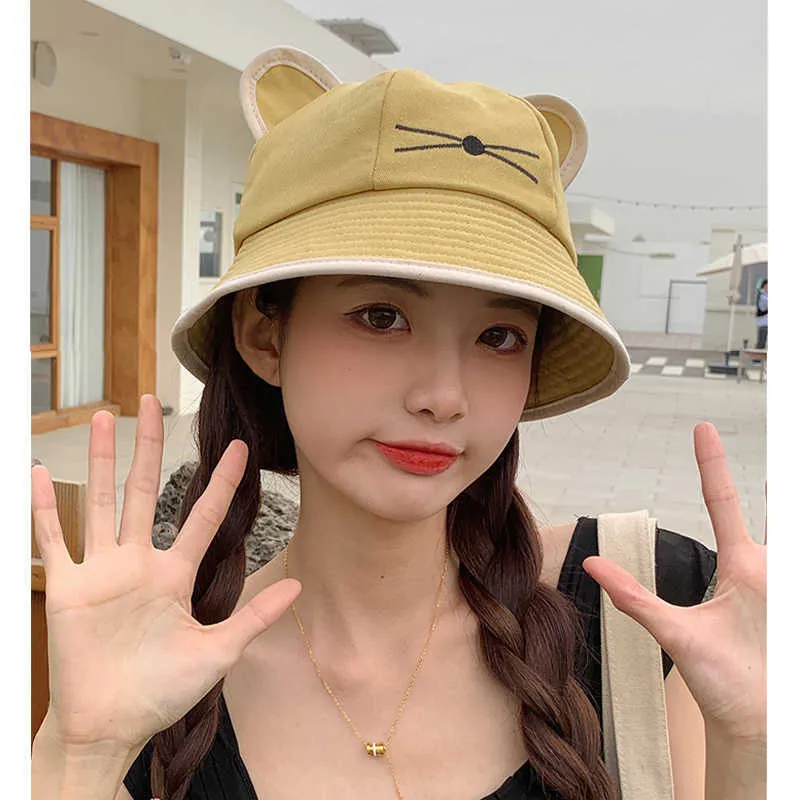 Cute Cartoon Cat Ears Wide Brim Kawaii Bucket Hat For Women