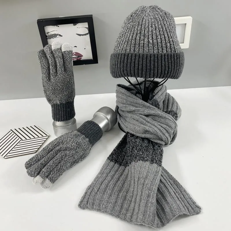 Berets Winter Wool Plus Velvet Keep Warm Women Hat And Scarf Set Unisex Knitted Hats Scarves Gloves Three-piece Fitted Solid