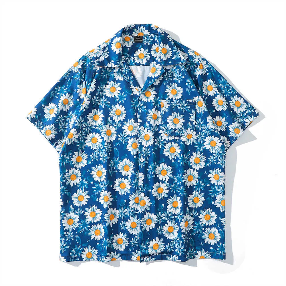 Mäns casual skjortor Dark Daisy Full Printed Beach Shirts Men Women Thin Material Summer Hawaiian Shirts Man Blue Z0224