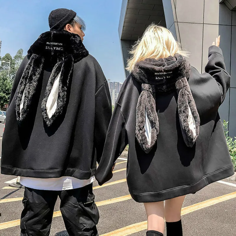 Kvinnors hoodies tröjor Autumn Gothic Harajuku Style Par Hoodie Söt kanin örontröjor Fashionabla löst smala långa par Preppy Coath Hoodie 230224