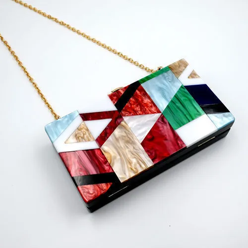 Kvällspåsar väska mönster enkel axel Satchel Fashion Girl Colorful Split Joint Acrylic Purse Plånbok Koppling Lady Väskor 230225