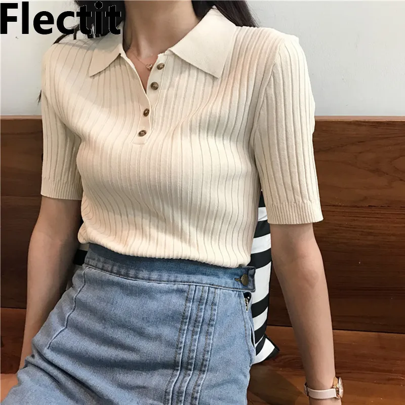 Women's Blouses Shirts Flectit Thin Knit Shirt For Women Autumn Spring Short Sleeve Button Up Polo Collar Stretchy Crop Top Korean Style Chic Outfit * 230225