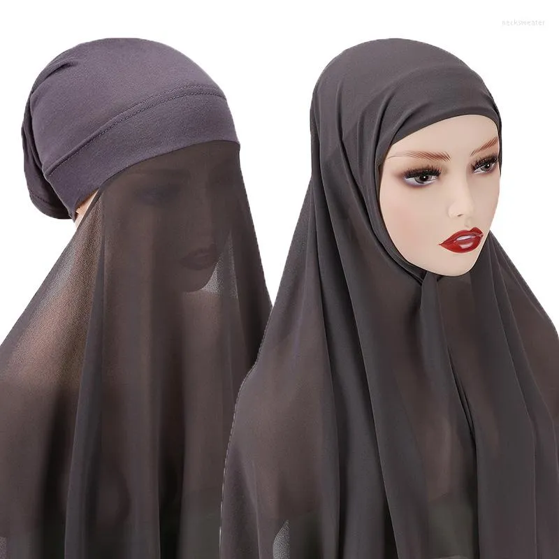 民族衣類2023ファッションシフォンヒジャーブスカーフキャップ2インチイスラム教徒ベールスカーフ女性