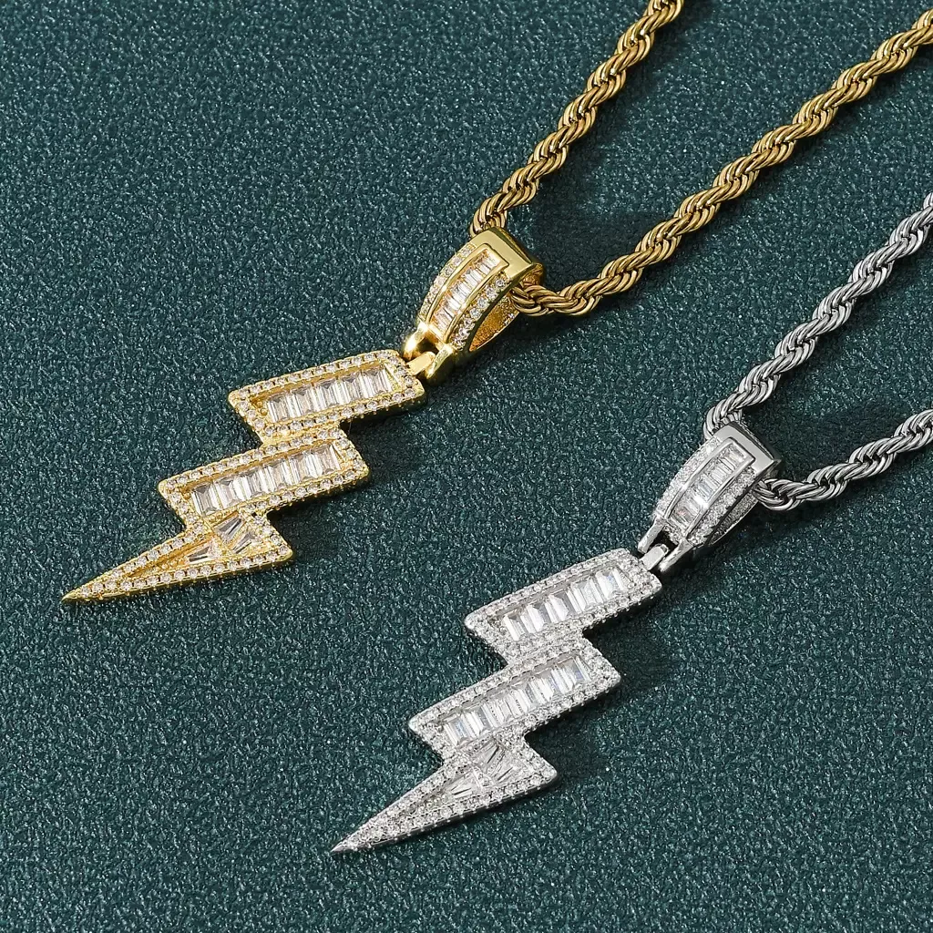 Gold Flash Lightning Halsband smycken set diamant kubik zirkoniumhänge hiphop halsband bling smycken rostfritt stål kedja kommer och sandig