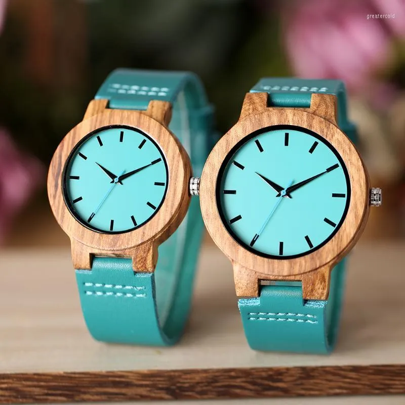 Armbandsur Premium Luxury Blue Wood Watch Quartz armbandsur Natural Bamboo Clock Fashion Leather Valentine's Day Gifts to Loversw