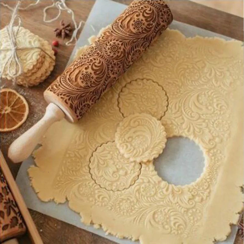 Baking Moulds Christmas Embossing Rolling Pin Baking Cookies Noodle Biscuit Fondant Cake Dough Engraved Roller Flower 230224