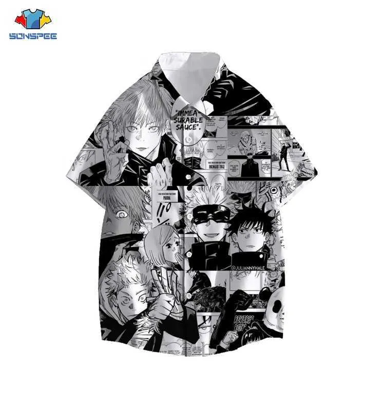 Camicie casual da uomo SONSPEE Anime Jujutsu Kaisen Gojo Satoru Camicia Uomo Donna Stampa 3D Harajuku Summer Hawaii Camicie Casual Beach Top oversize Z0224