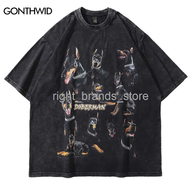 Erkek Tişörtler Büyük Boy Sıkıntılı Tişörtler Hip Hop Vintage Doberman Köpek Baskı Punk Rock Gotik Tshirt Street Giyim 2022 Harajuku Gündelik T-Shirt0225v23