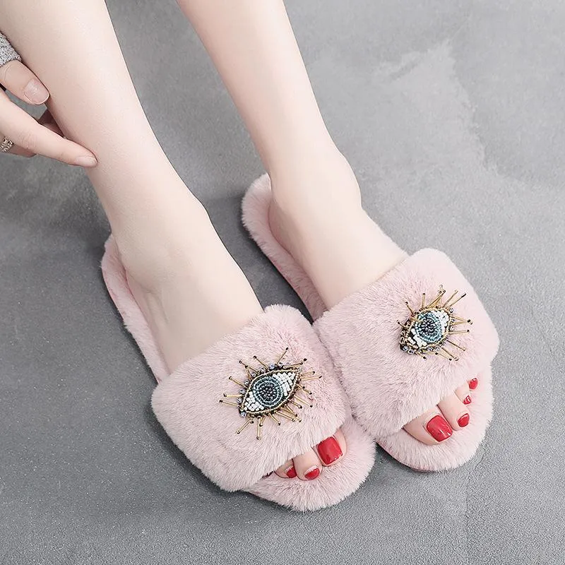 Pantoufles chaîne perle mignon oeil coton diapositives mode peluche femmes noir tongs intérieur semelle souple extérieur Pantuflas Danno