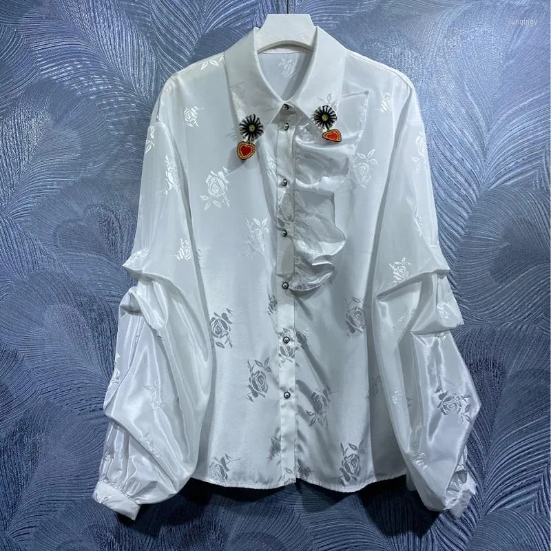 Women's Blouses 2023 Spring Fashion Shirts High Quality Women Turn-down Collar Vintage Jacquard Floral Print Sweetheart Beading Deco White
