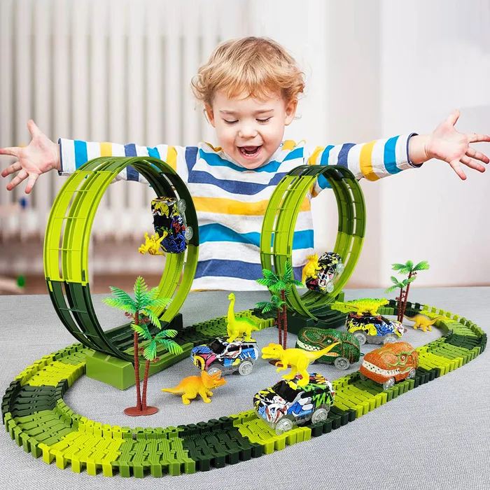 Electric/RC DIEREN Climing Dinosaur Track Toy Set 139 PCS Dinosaur World Road Race Flexible Track Playset Dinosaur Cars Toys For Boy Gift 230225