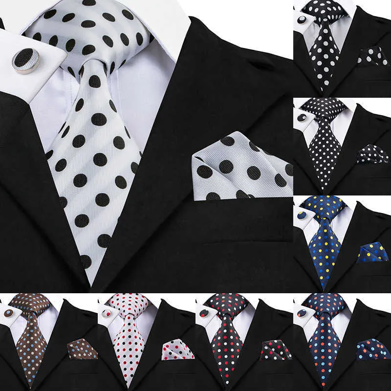 Neck Ties Hitie Designer Polka Dot Ties 100 Silk Slyckor för män 85 cm breda affärsbröllopsband Handdukar Manschettknappar Set J230225