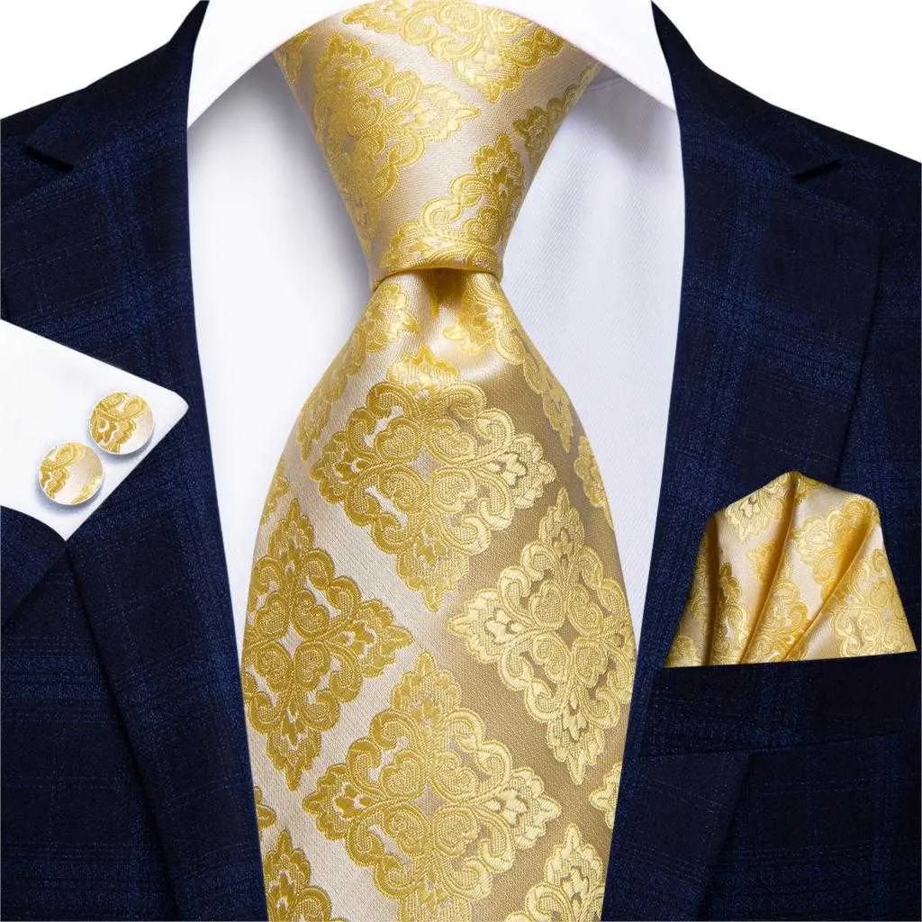 Cravatte HiTie Luxury Floral Paisley Mens Cravatta in oro giallo Gravata Cravatta in seta per uomo Cravatta da matrimonio d'affari 85 cm di larghezza Dropshipping