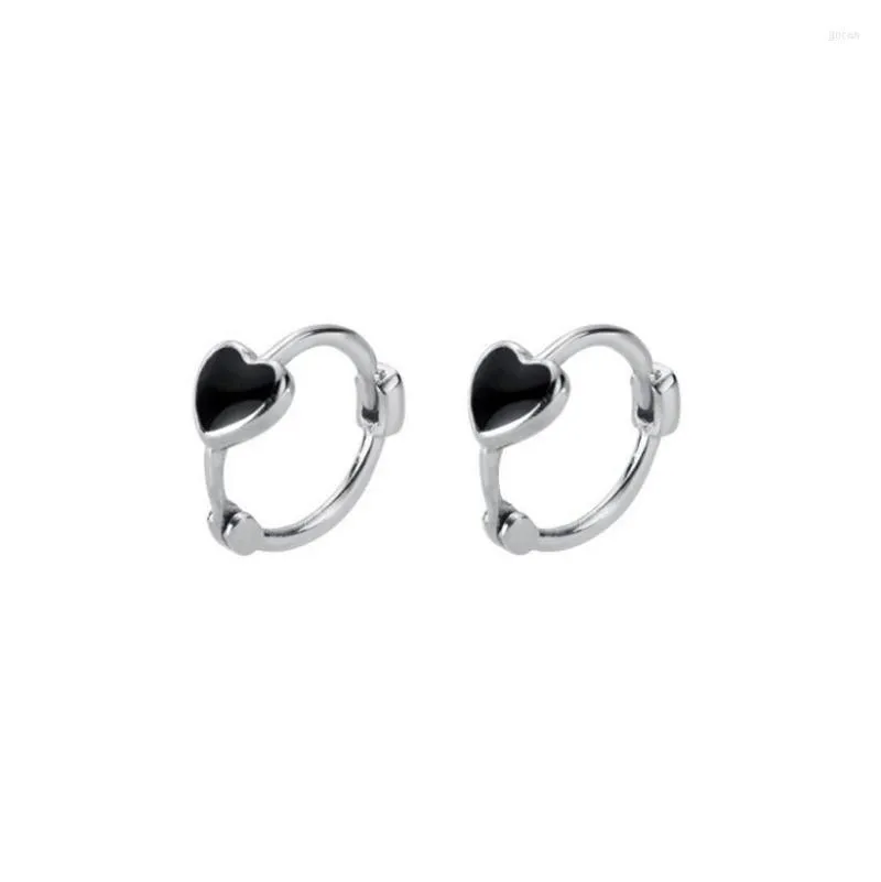 Boucles d'oreilles créoles véritable 925 en argent Sterling émail noir couleur coeur petits cerceaux Huggie pour femmes filles fête bijoux fins