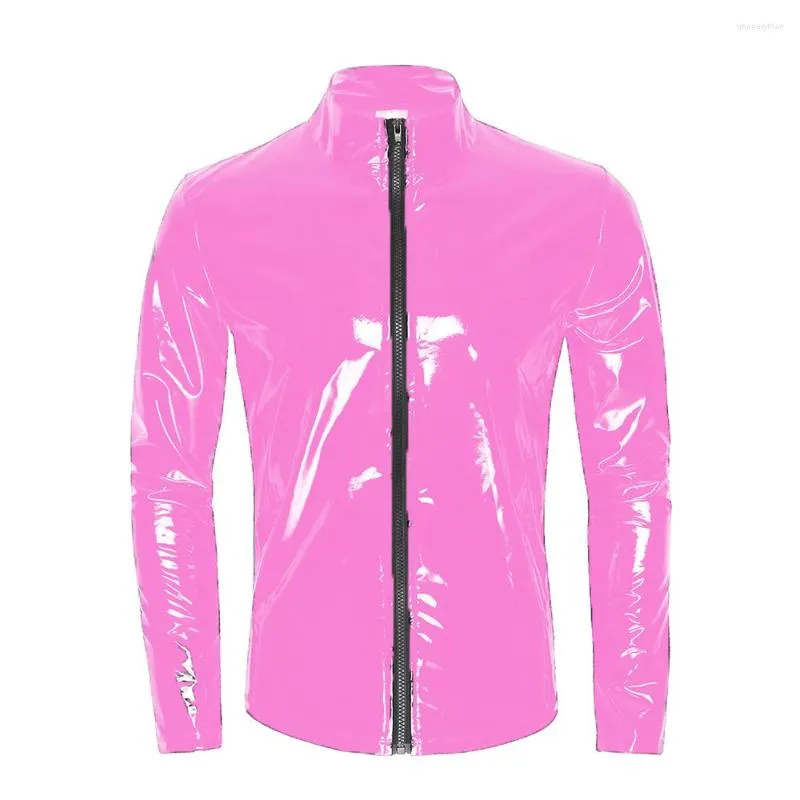 Männer T-Shirts S-7XL Wetlook PVC Leder T-shirt Front-Reißverschluss Stehkragen Top Party Club Latex Jacke Langarm Mantel Nachtclub Männer