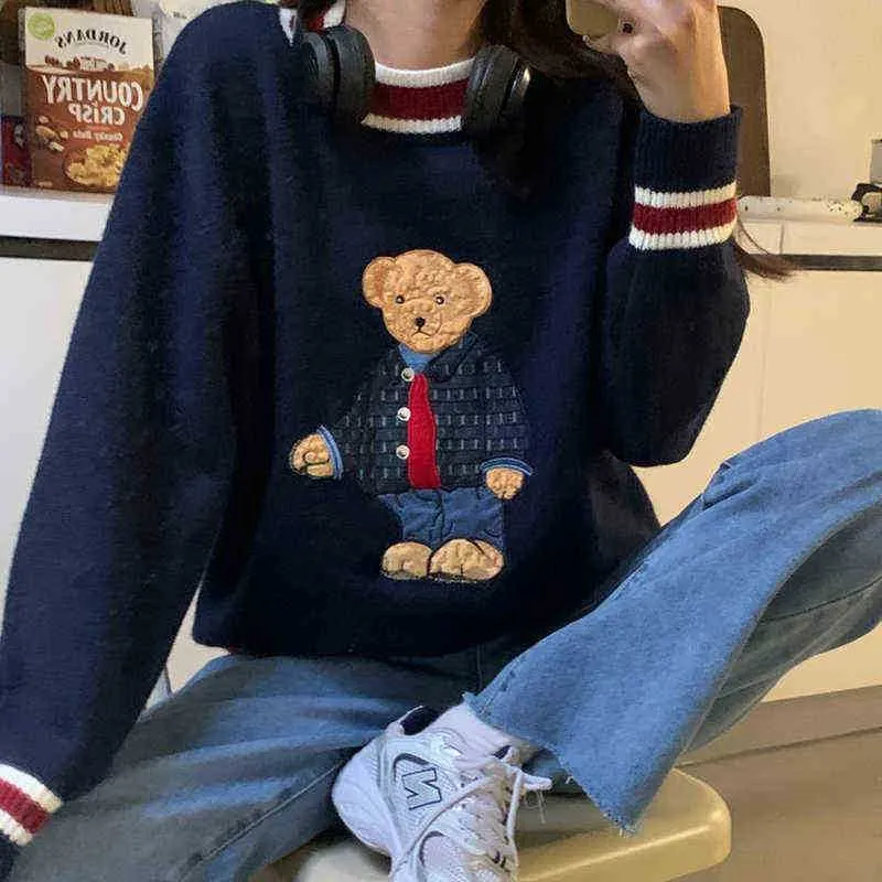 Frauen Japan Stil Herbst Cartoon Bär Stickerei Pullover Stricken Pullover Weibliche Casual Warme Harajuku Süße Kawaii Winter Kleidung G100814NIJMFRJMFR