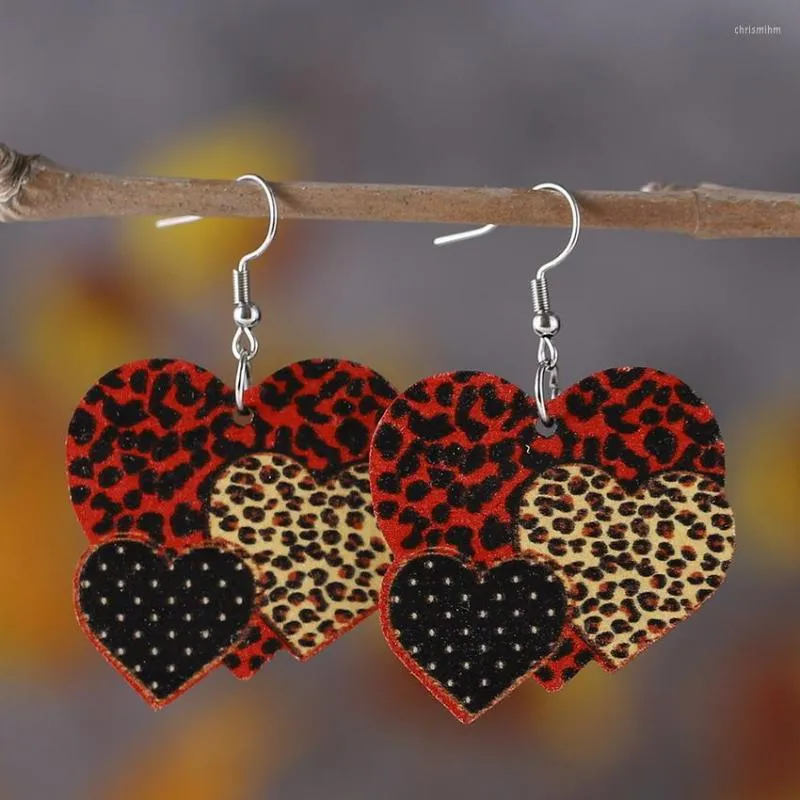 Orecchini pendenti con ciondolo a forma di cuore con stampa leopardata, San Valentino, sovrapposizione creativa, regalo per la mamma in legno a doppia faccia