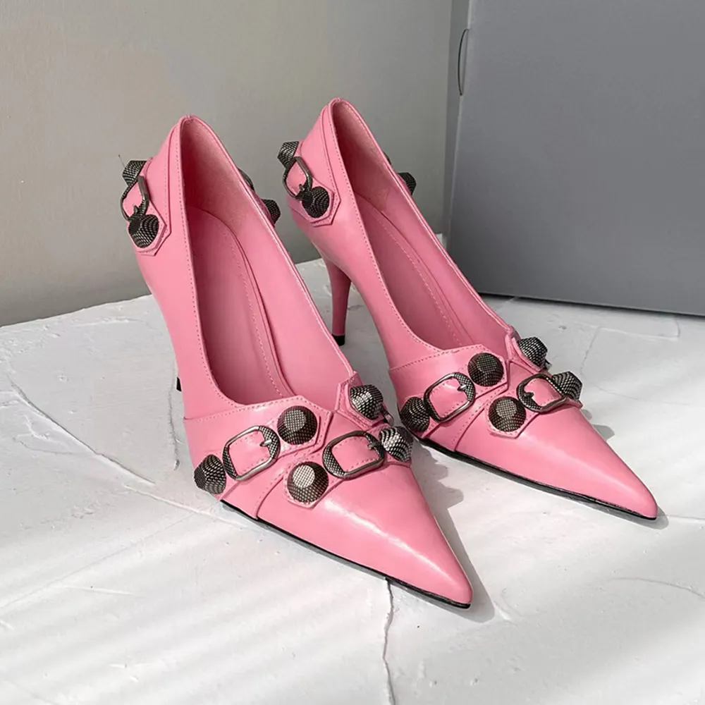 Save Big on Bulk Leather Pink Pumps Pink Designer Pumps Lambskin Stiletto  Evening Shoes With Stud Buckle Pointed Toe Slip On Fashion Show Footwear  For - Main Image