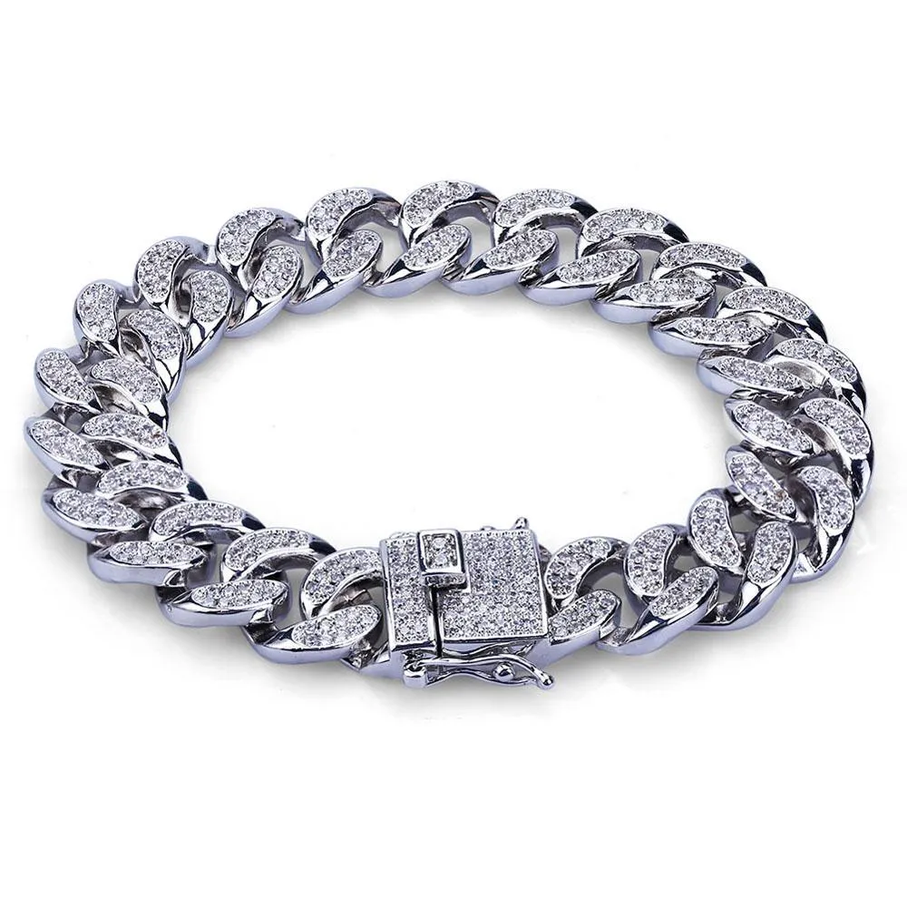 Bracelets Hommes Hip Hop Bling Iced Out Chaînes Avec Bijoux Cuivre Micro-inserts Diamant Blanc MIAMI CUBAN LINK